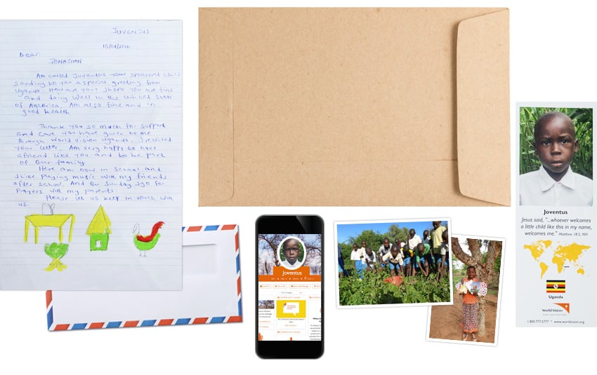 Photo of the letters, photos, welcome packet, photo bookmark, and smartphone with sponsored child’s information you get when you sponsor a child in need through World Vision.